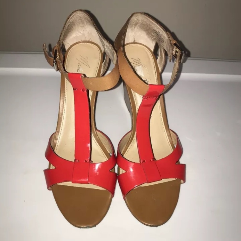 Marc Fisher Bulan brown/orange leather wedges, 9